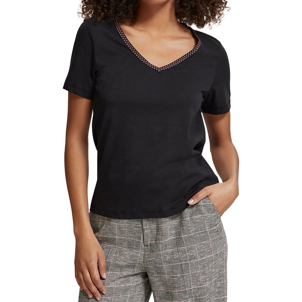 Scotch & Soda Black Woven Trim V-neck T-shirt – evening black